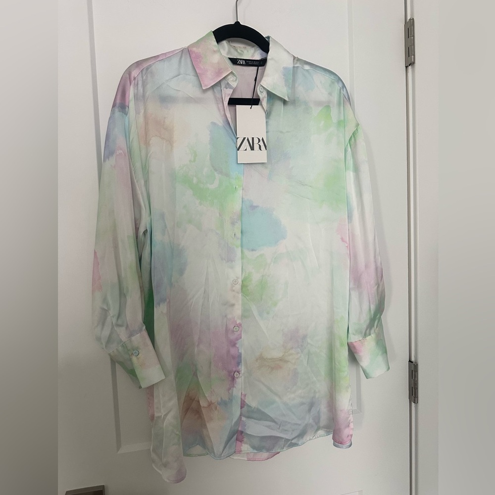 ZARA Satin Pastel Watercolor Button-Up Shirt